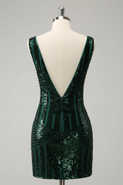 Sparkly Dark Green Tight V Neck Detachable Skirt Sequin Short Homecoming Dress