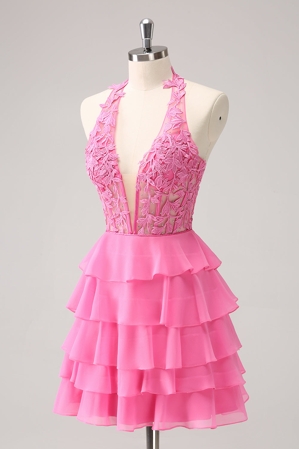 Cute Hot Pink A Line Strapless Tiered Corset Ruffle Homecoming Dress with Beading