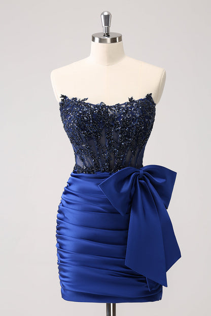 Unique Navy Tight Strapless Corset Pleated Short Beaded Homecoming Dress with Bow