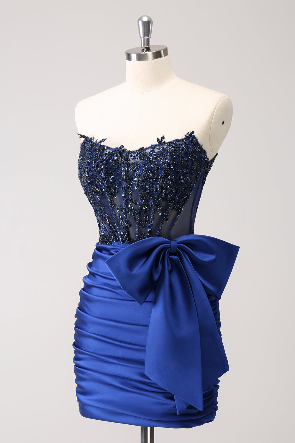 Unique Peacock Tight Strapless Corset Pleated Short Beaded Homecoming Dress with Bow