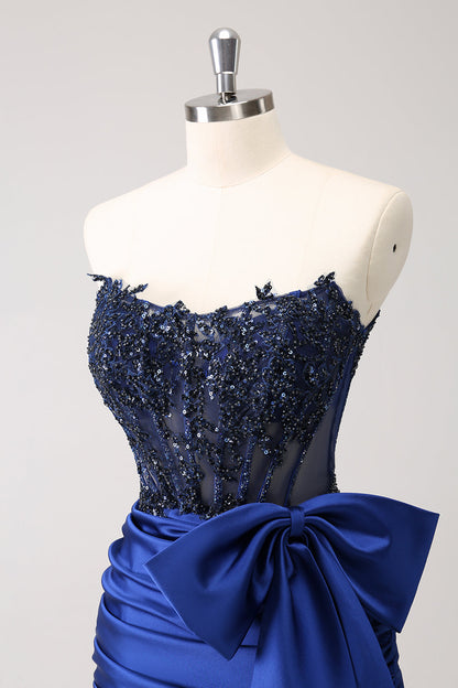 Unique Navy Tight Strapless Corset Pleated Short Beaded Homecoming Dress with Bow