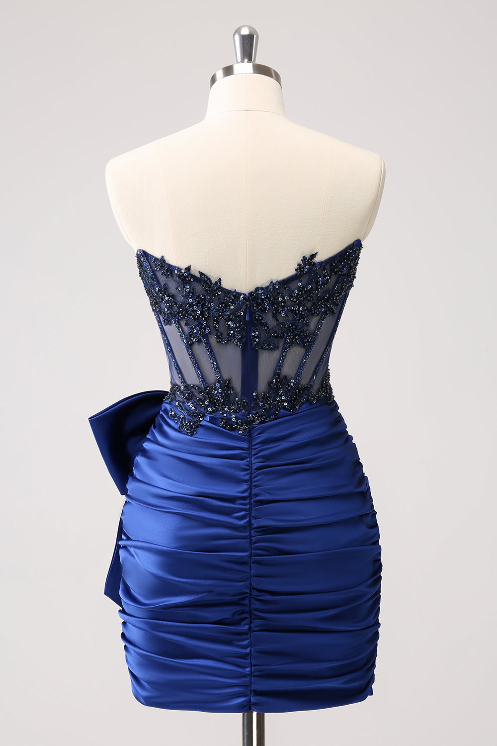 Unique Peacock Tight Strapless Corset Pleated Short Beaded Homecoming Dress with Bow