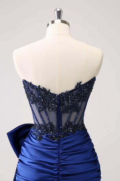 Unique Navy Tight Strapless Corset Pleated Short Beaded Homecoming Dress with Bow