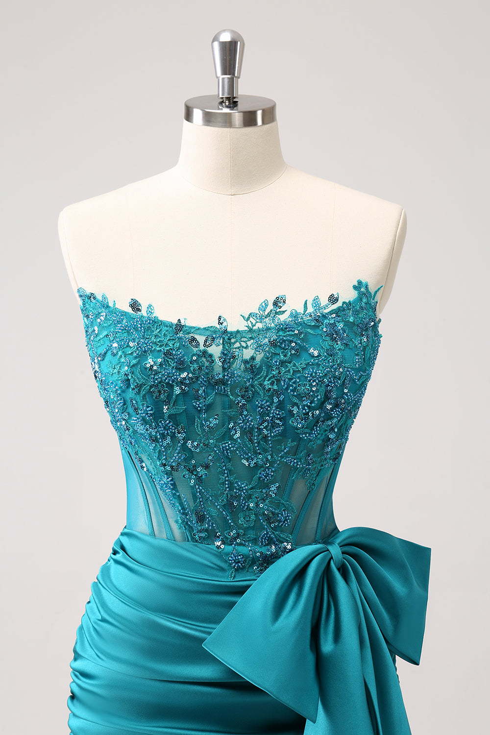 Unique Peacock Tight Strapless Corset Pleated Short Beaded Homecoming Dress with Bow