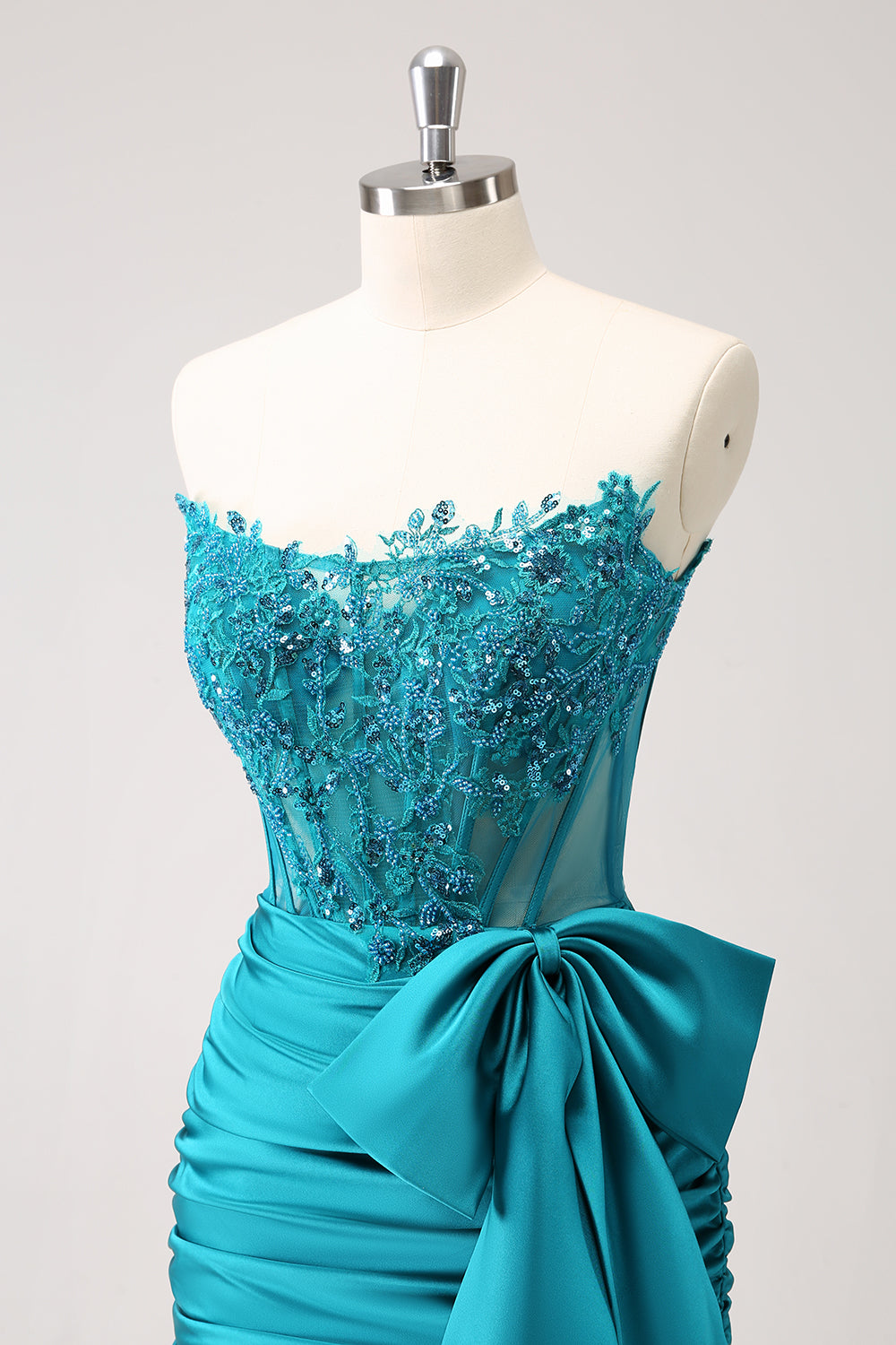 Unique Peacock Tight Strapless Corset Pleated Short Beaded Homecoming Dress with Bow