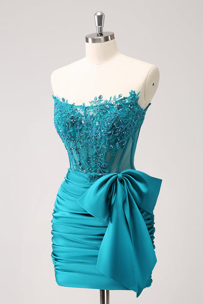 Unique Peacock Tight Strapless Corset Pleated Short Beaded Homecoming Dress with Bow