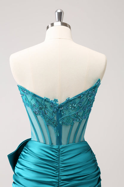 Unique Peacock Tight Strapless Corset Pleated Short Beaded Homecoming Dress with Bow