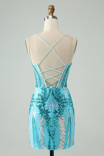 Gorgeous Blue Bodycon Spaghetti Straps Corset Homecoming Dress with Sequins