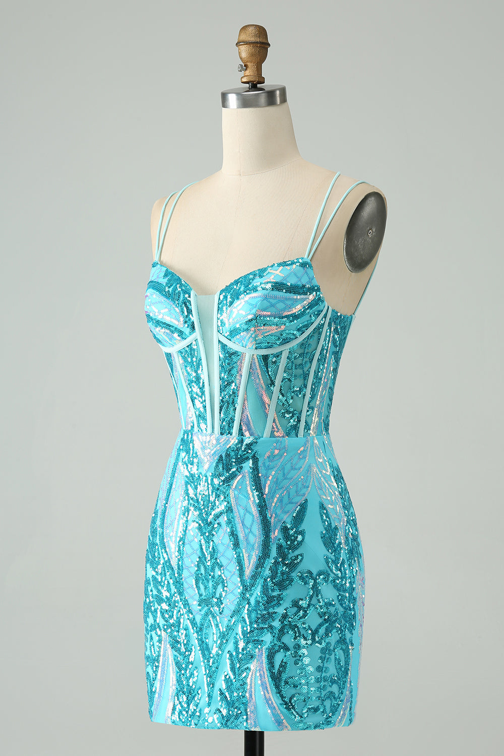 Gorgeous Blue Bodycon Spaghetti Straps Corset Homecoming Dress with Sequins