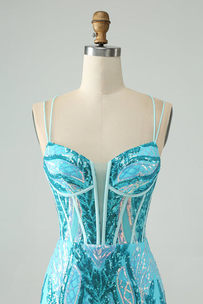 Gorgeous Blue Bodycon Spaghetti Straps Corset Homecoming Dress with Sequins