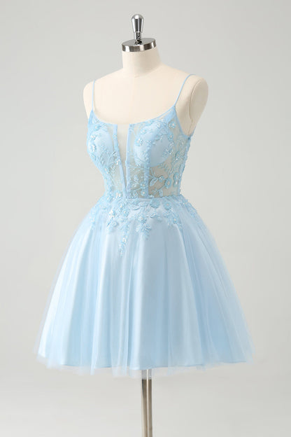 Cute Sparkly Blue A Line Sequins Corset Short Homecoming Dress with Lace Up Back