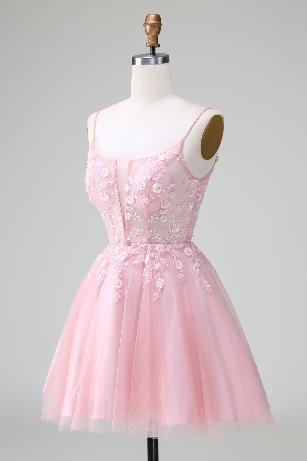 Cute A Line Spaghetti Straps Corset Short Blush Homecoming Dress with Appliques