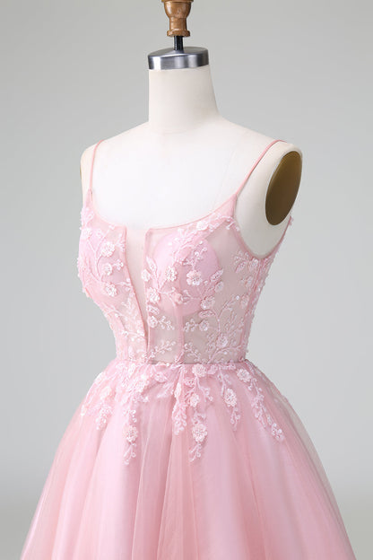 Cute A Line Spaghetti Straps Corset Short Blush Homecoming Dress with Appliques