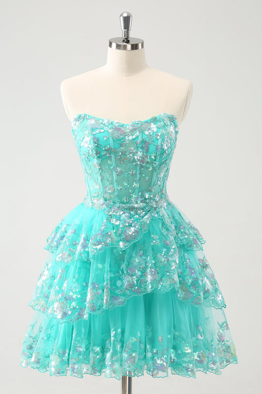 Cute Sparkly Green A Line Corset Tiered Short Homecoming Dress with Lace Up Back