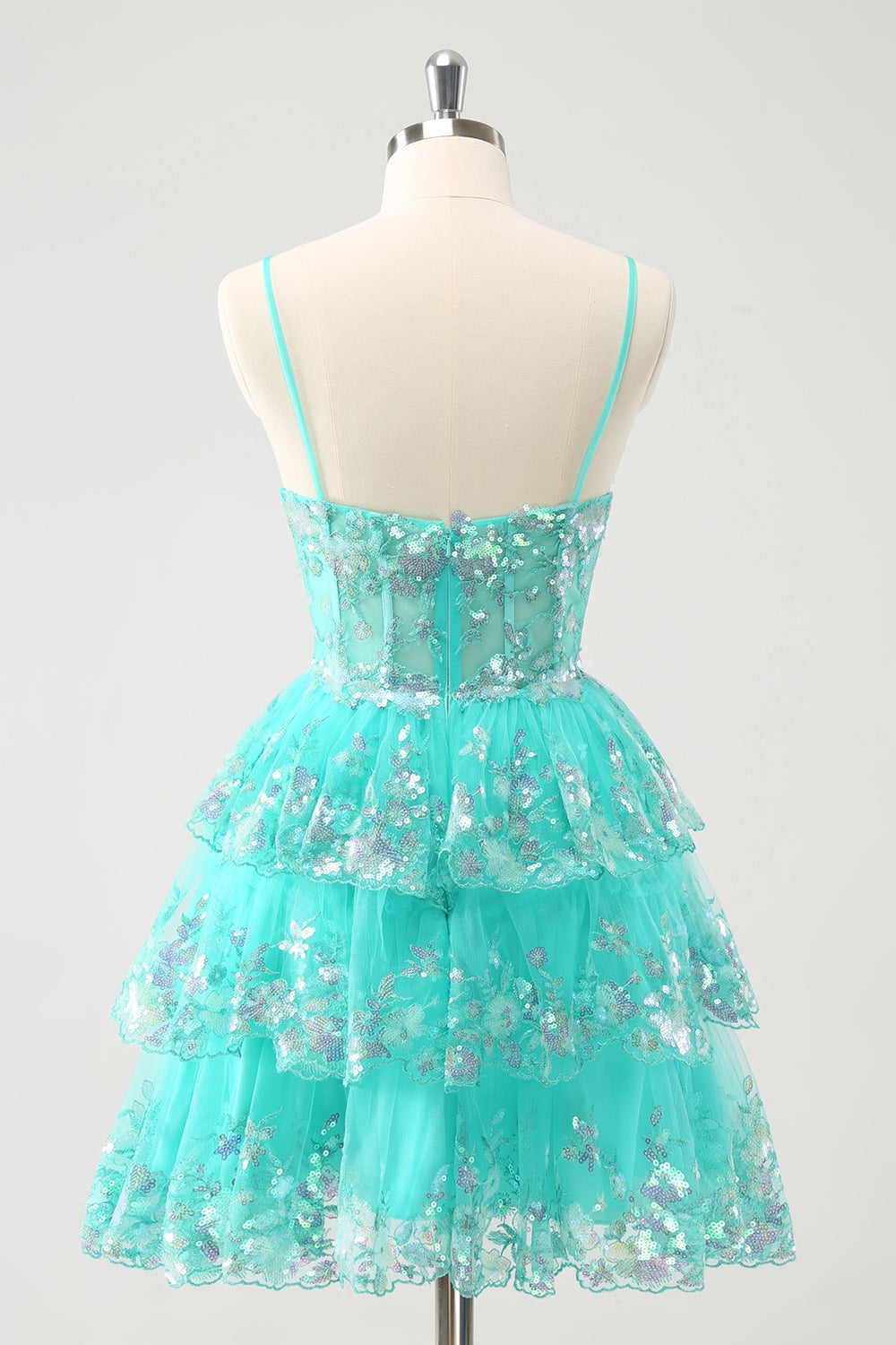 Cute Sparkly Green A Line Spaghetti Straps Corset Tiered Short Homecoming Dress