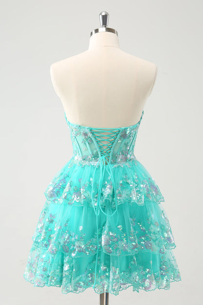 Cute Sparkly Green A Line Corset Tiered Short Homecoming Dress with Lace Up Back