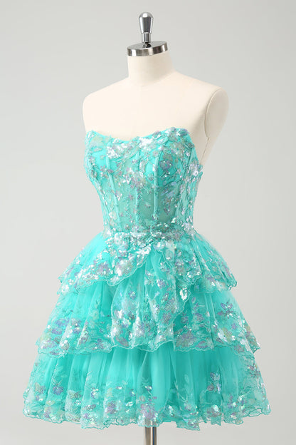 Cute Sparkly Green A Line Corset Tiered Short Homecoming Dress with Lace Up Back