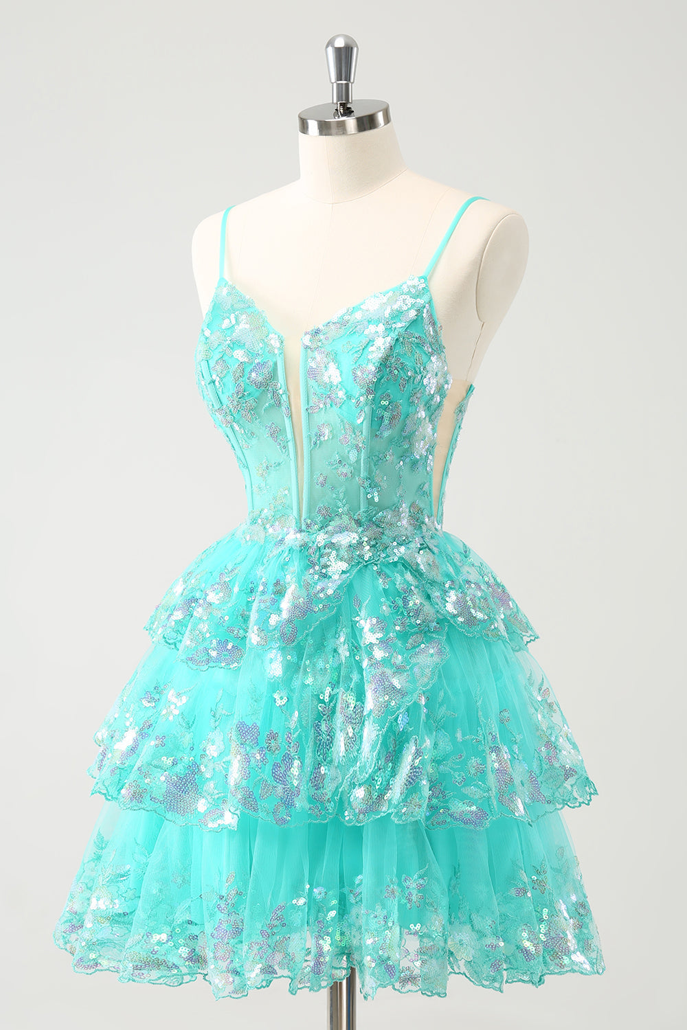 Cute Sparkly Green A Line Spaghetti Straps Corset Tiered Short Homecoming Dress