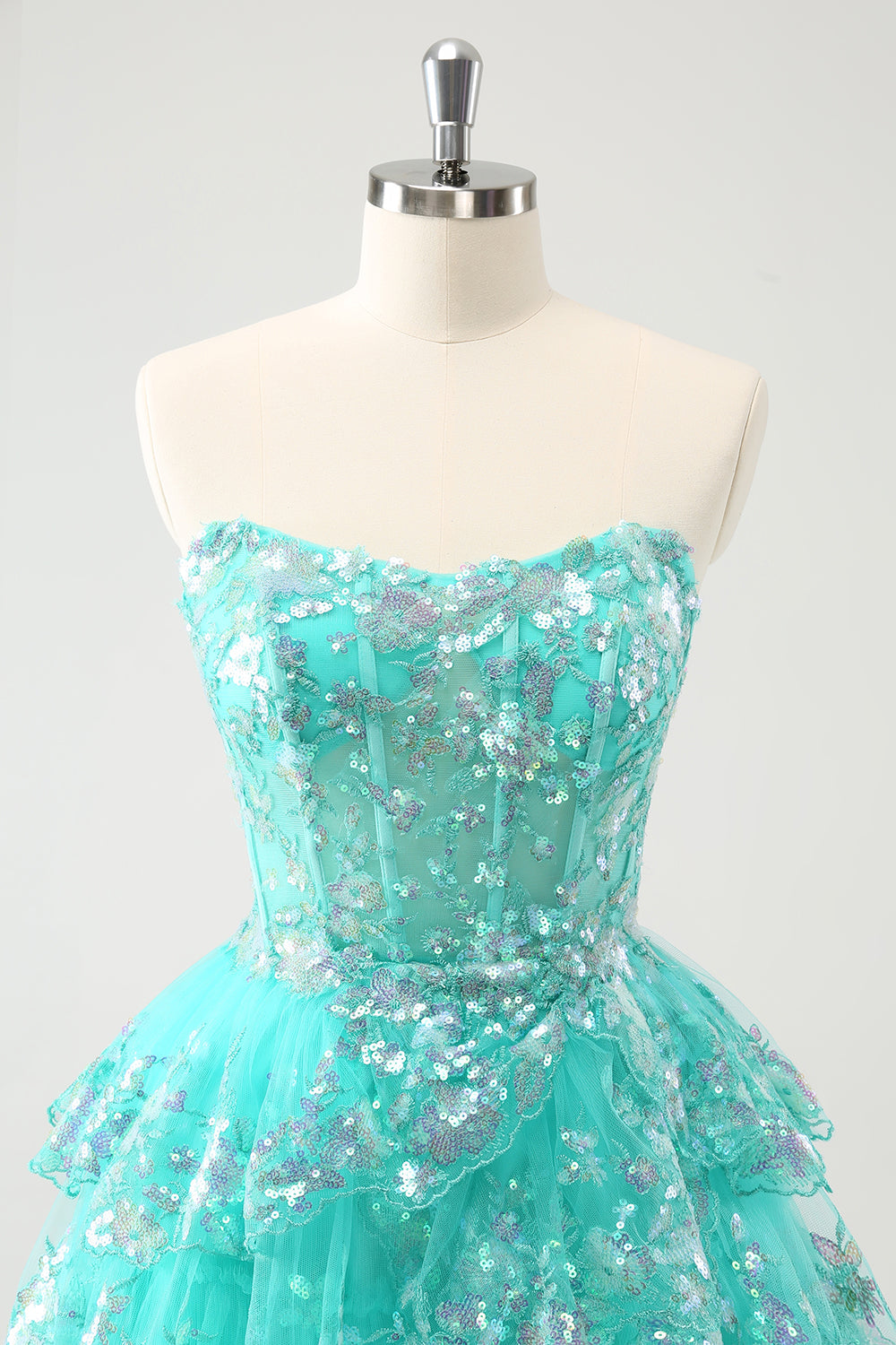 Cute Sparkly Green A Line Corset Tiered Short Homecoming Dress with Lace Up Back