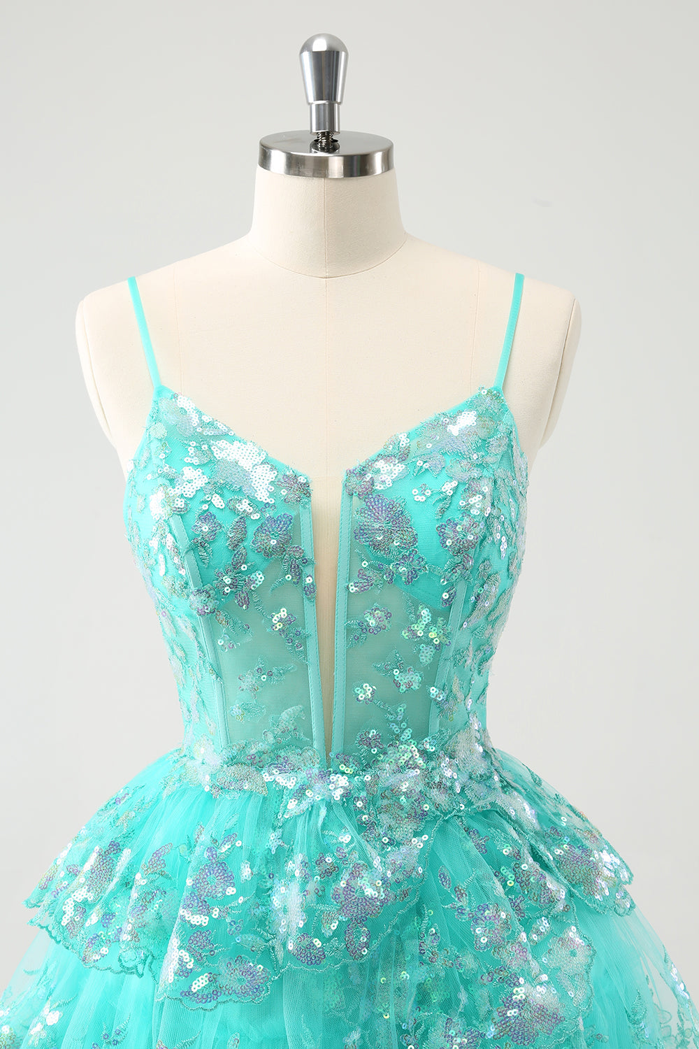 Cute Sparkly Green A Line Spaghetti Straps Corset Tiered Short Homecoming Dress