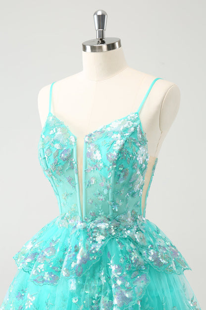 Cute Sparkly Green A Line Spaghetti Straps Corset Tiered Short Homecoming Dress