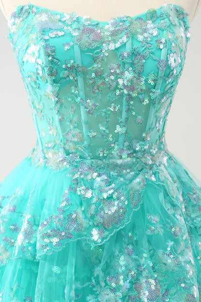 Cute Sparkly Green A Line Corset Tiered Short Homecoming Dress with Lace Up Back