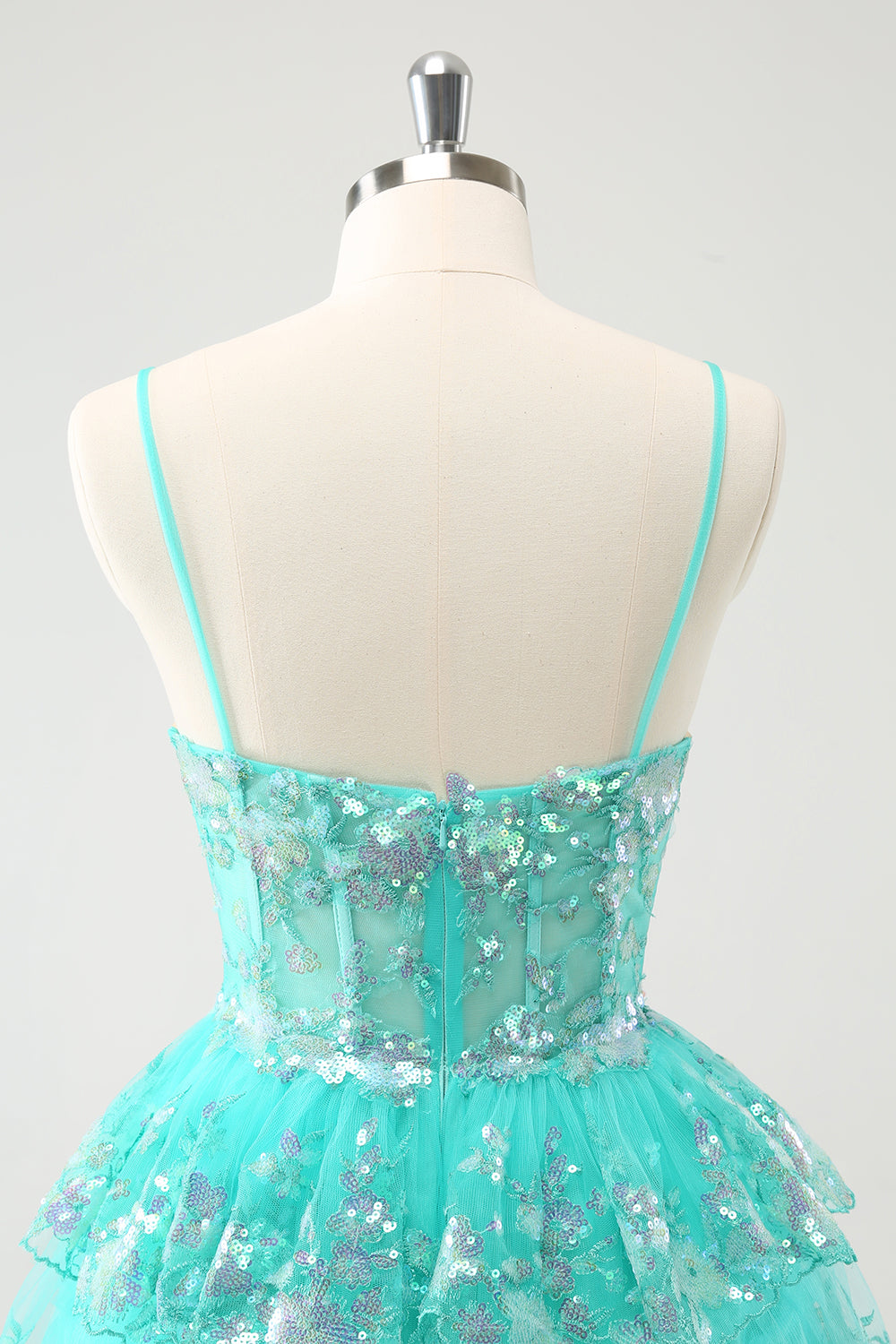 Cute Sparkly Green A Line Spaghetti Straps Corset Tiered Short Homecoming Dress