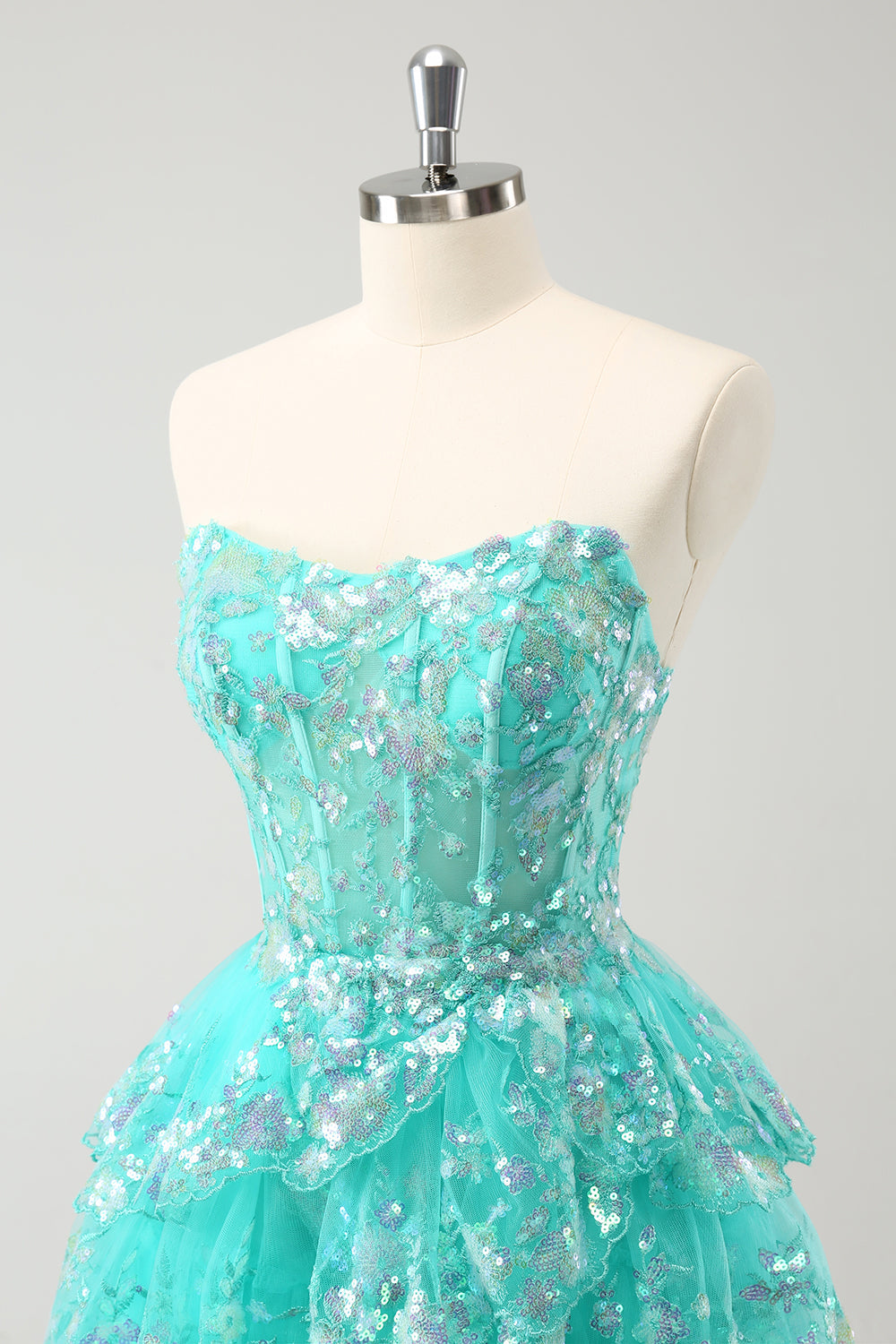 Cute Sparkly Green A Line Corset Tiered Short Homecoming Dress with Lace Up Back