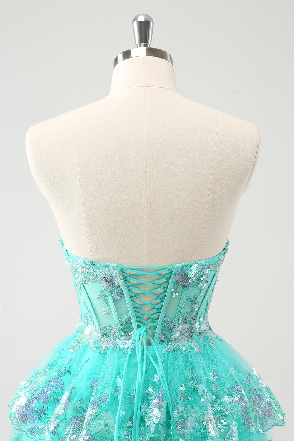 Cute Sparkly Green A Line Corset Tiered Short Homecoming Dress with Lace Up Back