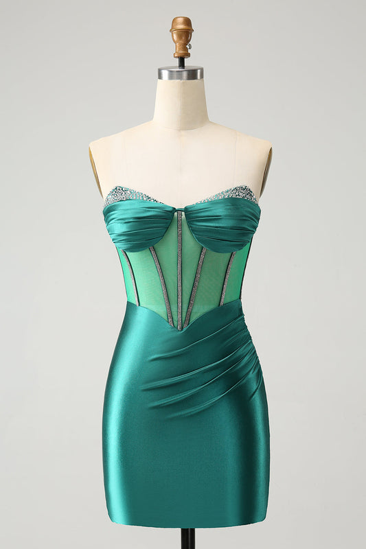 Stylish Dark Green Bodycon Sweetheart Pleated Corset Short Homecoming Dress with Beading