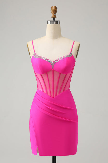 Unique Fuchsia Tight Lace Up Back Beaded Corset Short Homecoming Dress with Slit