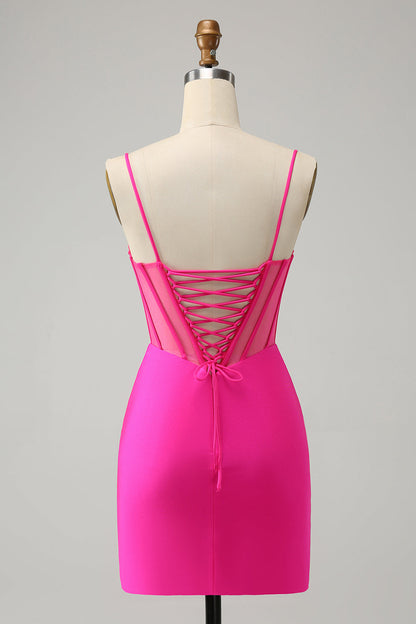 Unique Fuchsia Tight Lace Up Back Beaded Corset Short Homecoming Dress with Slit