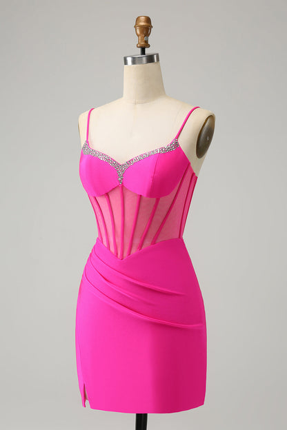 Stylish Fuchsia Bodycon Lace Up Back Beaded Corset Short Homecoming Dress with Slit