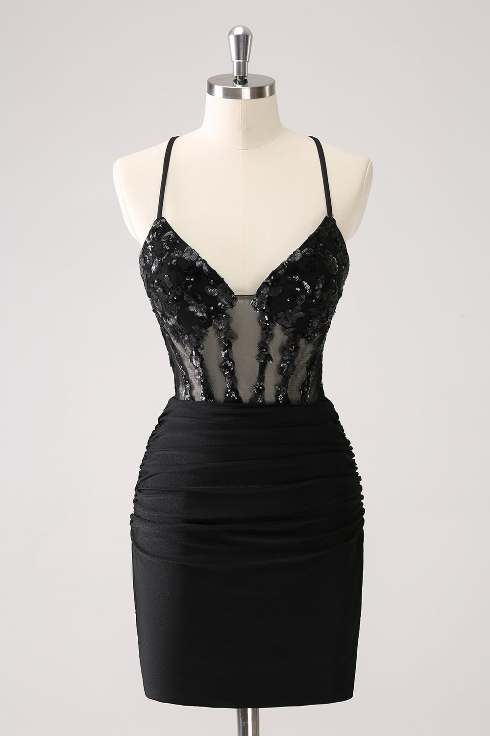 Sparkly Unique Black Tight Spaghetti Straps Sequin Homecoming Dress with Lace Up Back