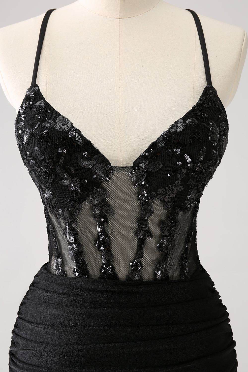 Sparkly Unique Black Tight Spaghetti Straps Sequin Homecoming Dress with Lace Up Back