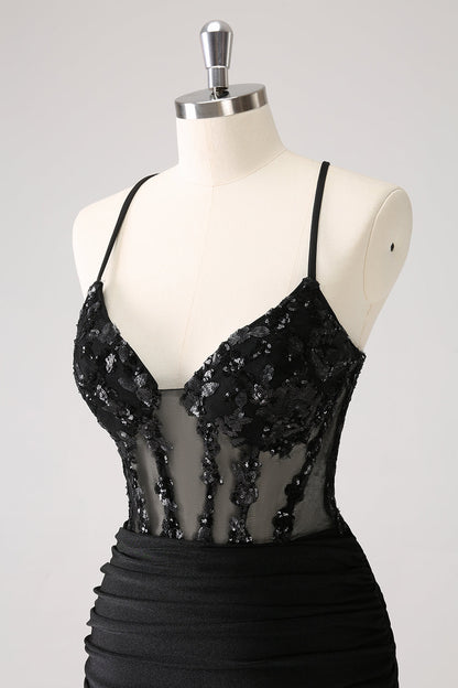 Sparkly Unique Black Tight Spaghetti Straps Sequin Homecoming Dress with Lace Up Back