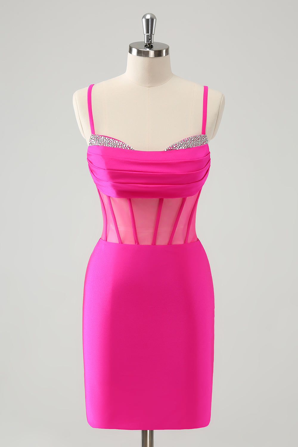 Chic Fuchsia Bodycon Pleated Corset Short Homecoming Dress with Beading