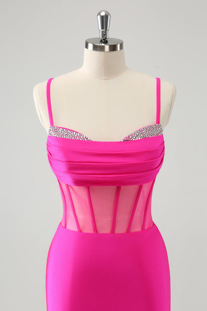 Chic Fuchsia Bodycon Pleated Corset Short Homecoming Dress with Beading