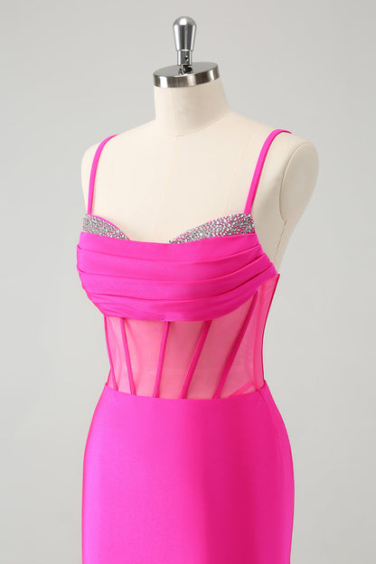 Chic Fuchsia Bodycon Pleated Corset Short Homecoming Dress with Beading