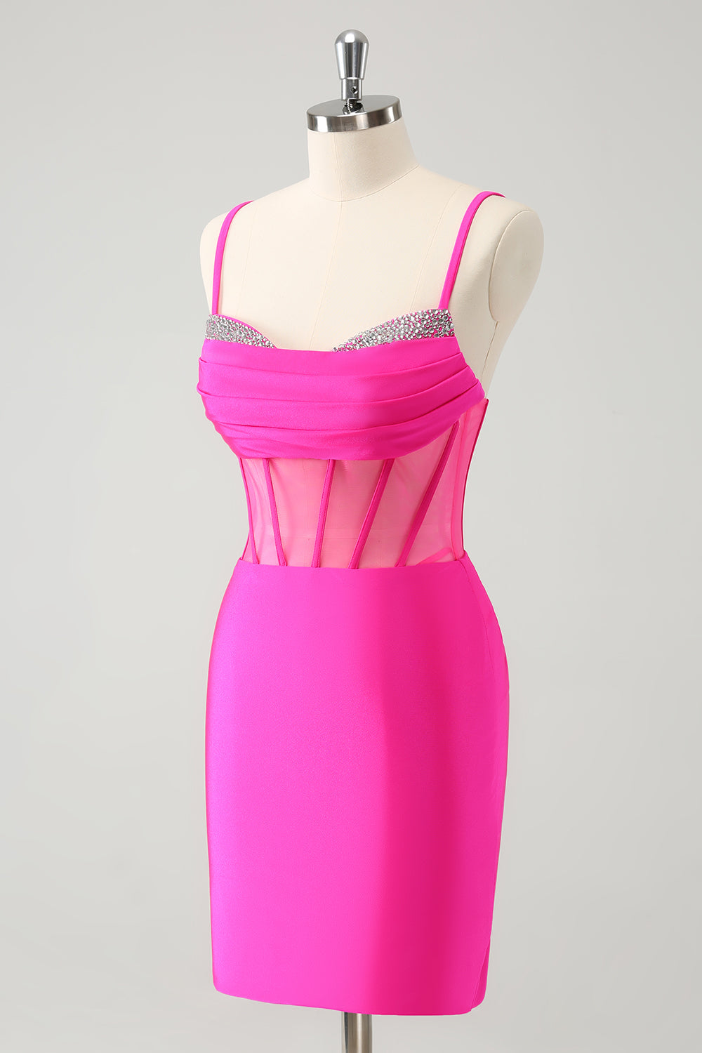 Chic Fuchsia Bodycon Pleated Corset Short Homecoming Dress with Beading