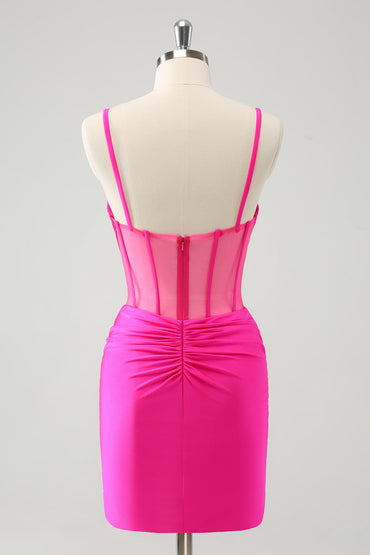 Chic Fuchsia Bodycon Pleated Corset Short Homecoming Dress with Beading