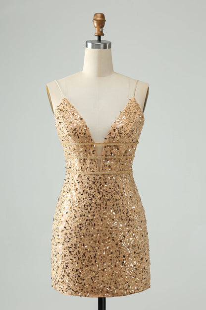 Glitter Golden Bodycon Spaghetti Straps Corset Short Homecoming Dress with Sequins