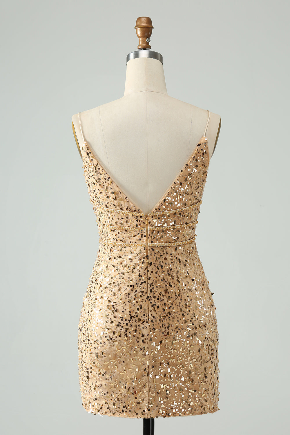 Glitter Golden Bodycon Spaghetti Straps Corset Short Homecoming Dress with Sequins