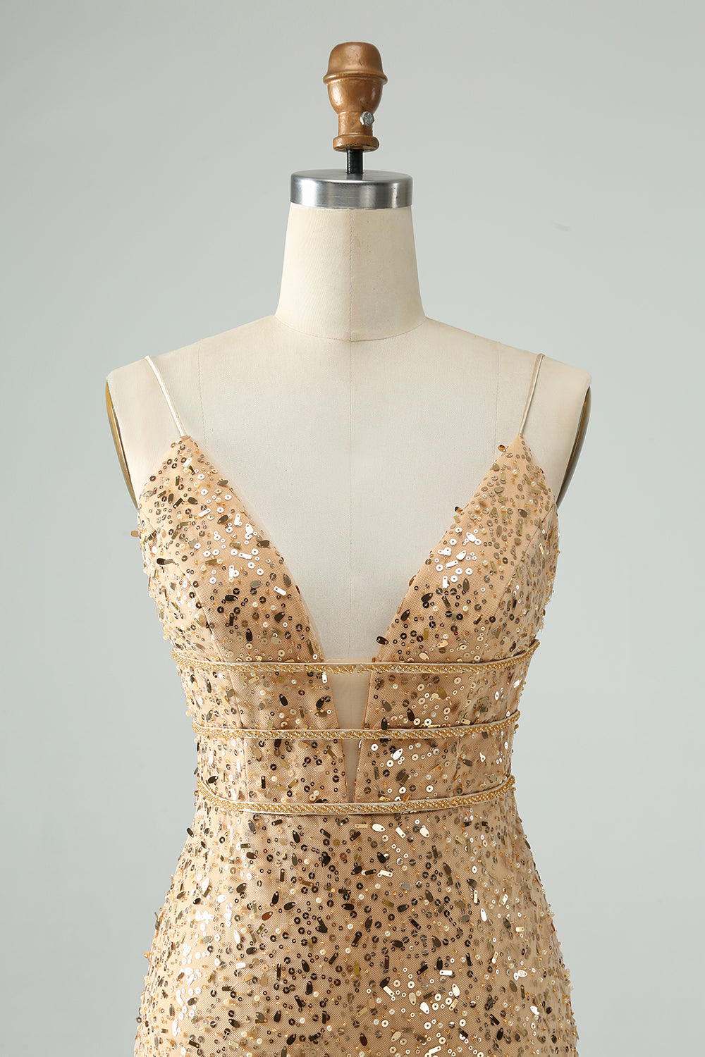 Glitter Golden Bodycon Spaghetti Straps Corset Short Homecoming Dress with Sequins