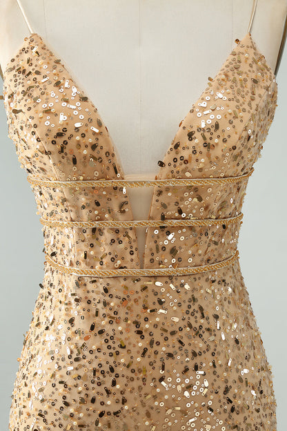 Glitter Golden Bodycon Spaghetti Straps Corset Short Homecoming Dress with Sequins