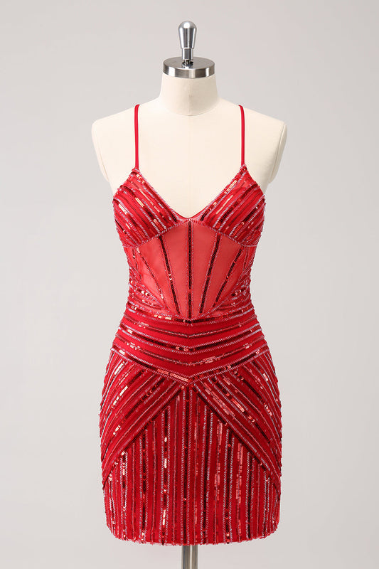 Sparkly Unique Red Tight Spaghetti Straps Backless Sequin Homecoming Dress