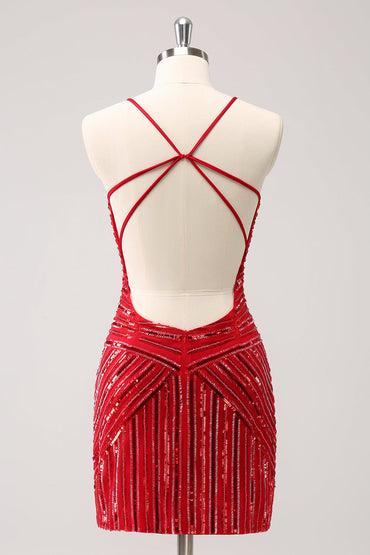 Sparkly Unique Red Tight Spaghetti Straps Backless Sequin Homecoming Dress