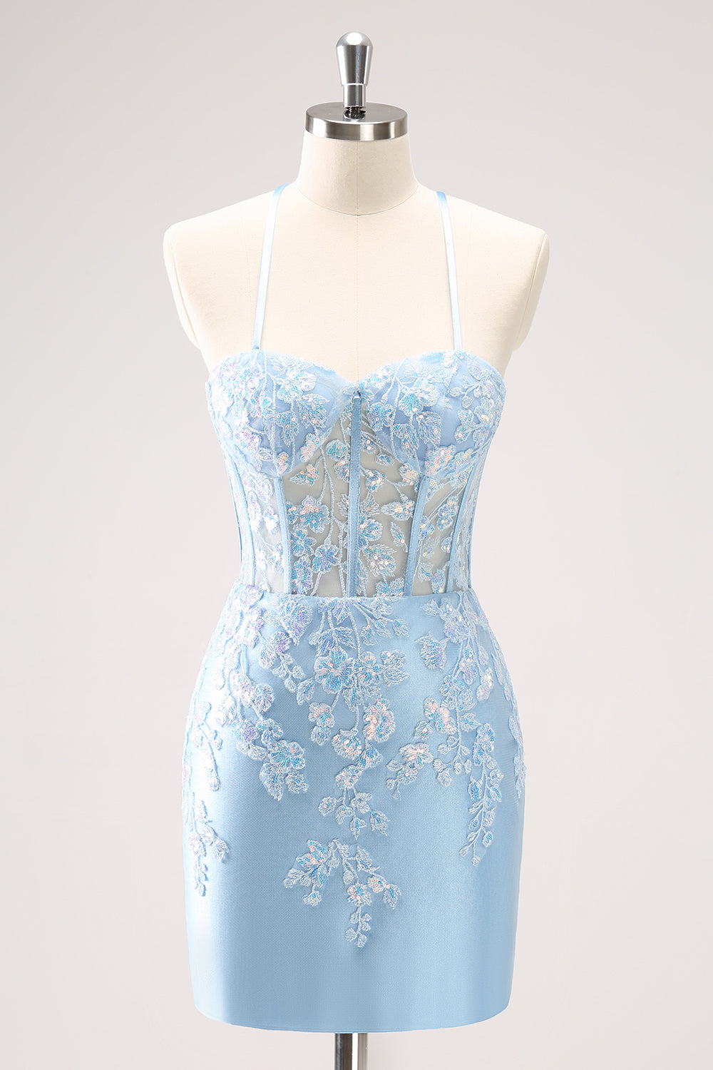 Sparkly Blue Spaghetti Straps Sequin Corset Tigtht Homecoming Dress with Appliques