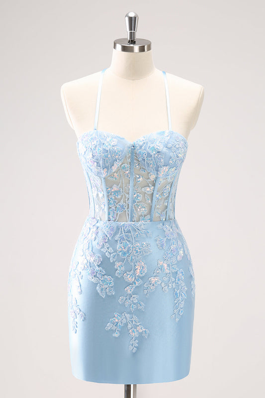 Sparkly Blue Spaghetti Straps Sequin Corset Tigtht Homecoming Dress with Appliques