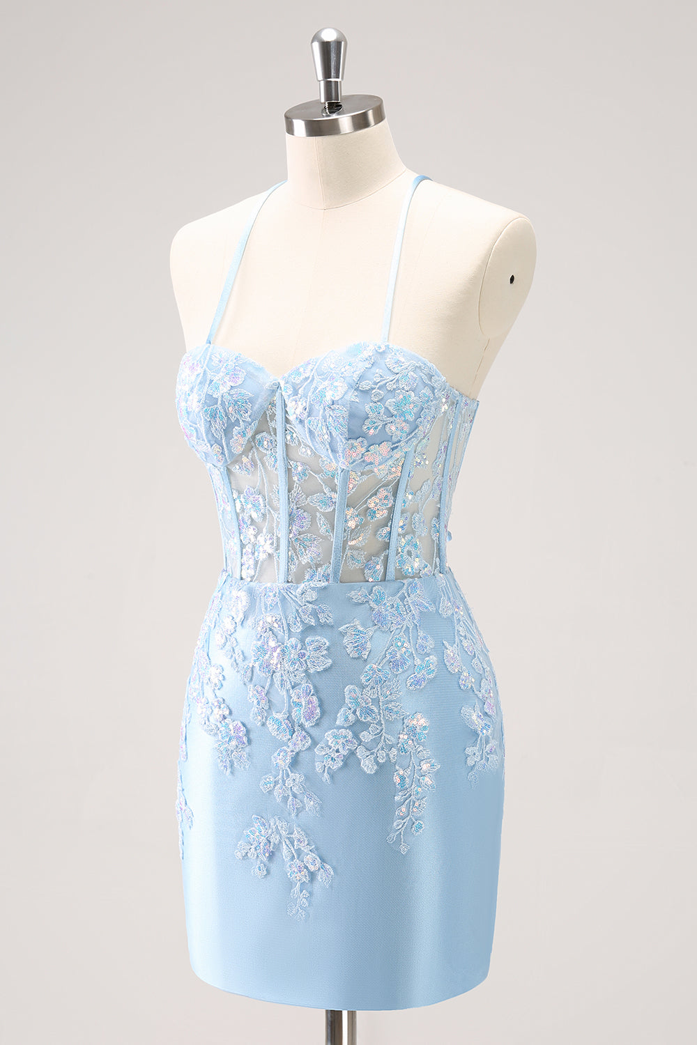 Sparkly Blue Spaghetti Straps Sequin Corset Tigtht Homecoming Dress with Appliques